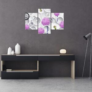 3D slika apstrakcije s krugovima i cvijećem (90x60 cm)
