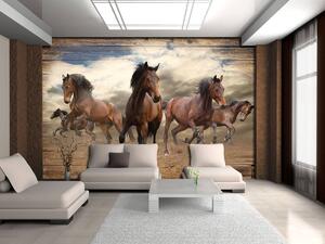 Foto tapeta - Konji u galopu na drvenim daskama (152,5x104 cm)