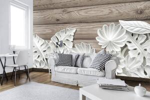 Foto tapeta - Alabaster bijeli cvjetovi na drvenim daskama (152,5x104 cm)