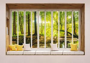 Foto tapeta - Sunčan pogled na šumu - prozor (152,5x104 cm)