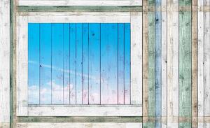 Foto tapeta - Drvene daske - plavi prozor (152,5x104 cm)
