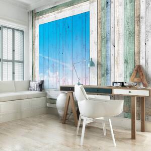 Foto tapeta - Drvene daske - plavi prozor (152,5x104 cm)