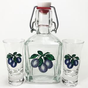 Set 1x staklena boca i 2x čaša za žestice prozirna s motivom šljiva