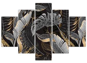 Slika - Tropski listi v črni in zlati barvi (150x105 cm)