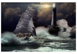 Slika - Ladja, ki pluje skozi nevihtne valove (90x60 cm)