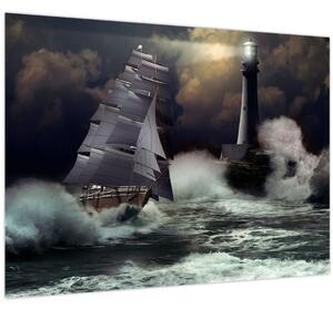 Slika - Ladja, ki pluje skozi nevihtne valove (70x50 cm)