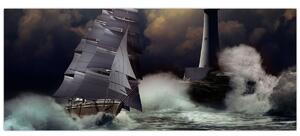 Slika - Ladja, ki pluje skozi nevihtne valove (120x50 cm)
