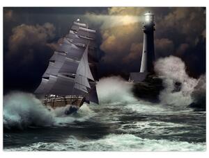 Slika - Ladja, ki pluje skozi nevihtne valove (70x50 cm)