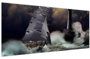 Slika - Ladja, ki pluje skozi nevihtne valove (120x50 cm)