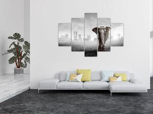 Slika - Sloni v velemestu, črno-bela različica (150x105 cm)