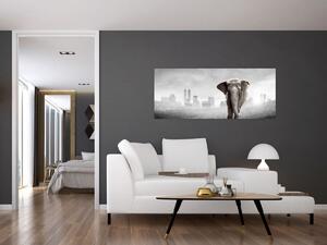 Slika - Sloni v velemestu, črno-bela različica (120x50 cm)