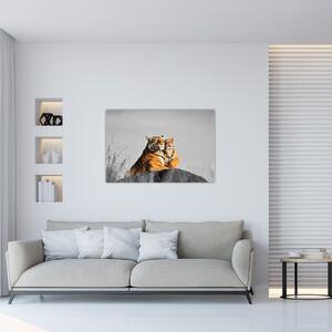 Slika - Tigrica in njen mladič, črno-bela različica (90x60 cm)