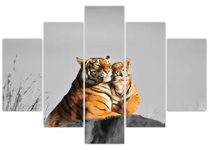 Slika - Tigrica in njen mladič, črno-bela različica (150x105 cm)