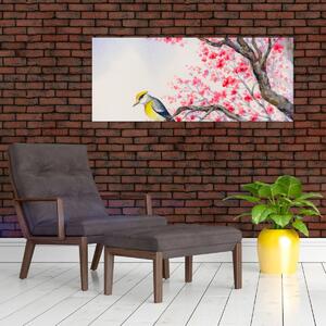 Slika - Ptica na drevesu z rdečimi cvetovi (120x50 cm)