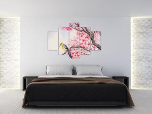 Slika - Ptica na drevesu z rdečimi cvetovi (150x105 cm)