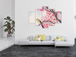 Slika - Ptica na drevesu z rdečimi cvetovi (150x105 cm)