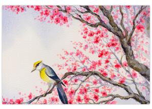 Slika - Ptica na drevesu z rdečimi cvetovi (90x60 cm)