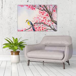 Slika - Ptica na drevesu z rdečimi cvetovi (90x60 cm)