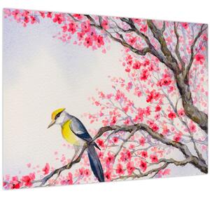 Slika - Ptica na drevesu z rdečimi cvetovi (70x50 cm)