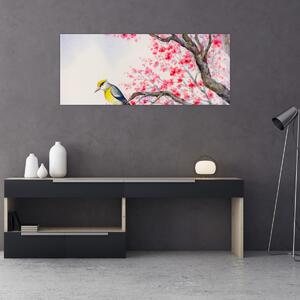 Slika - Ptica na drevesu z rdečimi cvetovi (120x50 cm)