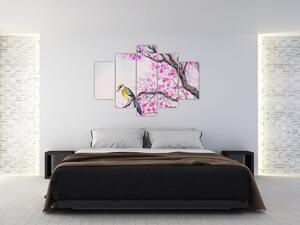 Slika - Ptica na drevesu z rožnatimi cvetovi (150x105 cm)