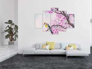 Slika - Ptica na drevesu z rožnatimi cvetovi (150x105 cm)
