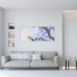 Slika - Ptica na drevesu z modrimi cvetovi (120x50 cm)