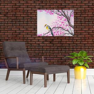 Slika - Ptica na drevesu z rožnatimi cvetovi (70x50 cm)