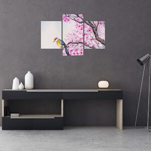 Slika - Ptica na drevesu z rožnatimi cvetovi (90x60 cm)