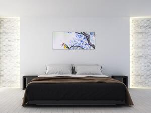 Slika - Ptica na drevesu z modrimi cvetovi (120x50 cm)