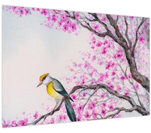 Slika - Ptica na drevesu z rožnatimi cvetovi (90x60 cm)