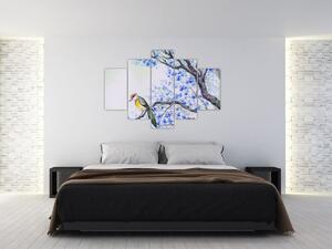 Slika - Ptica na drevesu z modrimi cvetovi (150x105 cm)