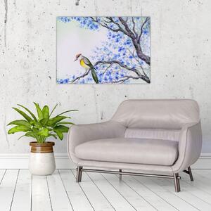 Slika - Ptica na drevesu z modrimi cvetovi (70x50 cm)