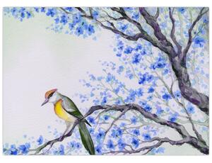 Slika - Ptica na drevesu z modrimi cvetovi (70x50 cm)