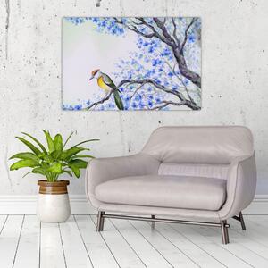 Slika - Ptica na drevesu z modrimi cvetovi (90x60 cm)