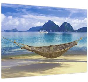 Staklena slika viseče mreže na plaži 2 (70x50 cm)
