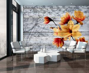 Foto tapeta - Narančasto cvijeće na drvenim daskama (152,5x104 cm)