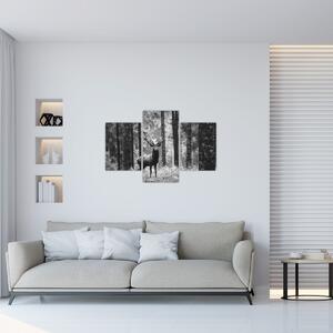 Slika - Jelen u šumi 2, crno-bijela (90x60 cm)