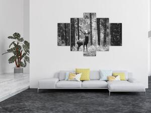 Slika - Jelen u šumi 2, crno-bijela (150x105 cm)