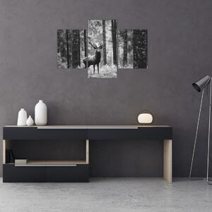 Slika - Jelen u šumi 2, crno-bijela (90x60 cm)