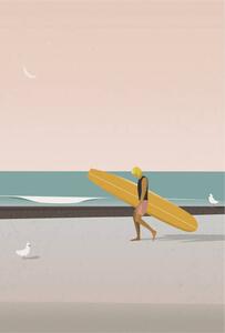 Ilustracija Longboard surfer walking on the beach, LucidSurf