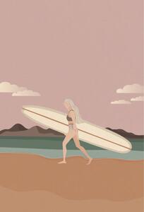 Ilustracija Surfer girl walking on the beach, LucidSurf