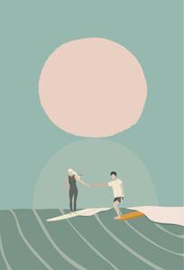 Ilustracija A surf couple surfing on the longboard surfboards, LucidSurf