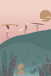 Ilustracija Surf girls walking with the longboards, LucidSurf