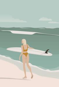 Ilustracija Surfer Girl Walking on the Beach,, LucidSurf
