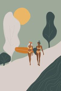 Ilustracija Surfer Girls walking with the surfboards, LucidSurf