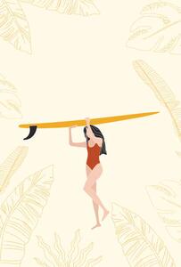 Ilustracija Surfer Girl Holding the Longboard Surfboard,, LucidSurf