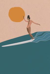 Ilustracija Female Longboard Surfer riding the wave,, LucidSurf