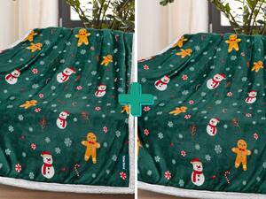 2x Božićna tamno zelena janjeća deka od mikropliša SNJEGOVIC I MEDENJAK 160x200 cm