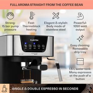 Klarstein Arabica, aparat za espresso kavu, 1050 W, 15 bara, 1,5 l, upravljačka ploča osjetljiva na dodir, nehrđajući čelik